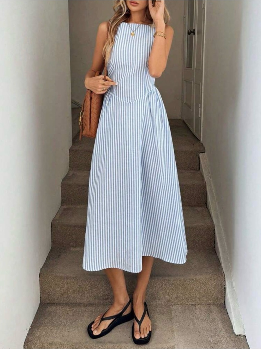 Cider Blue & White Striped Sleeveless Midi Dress